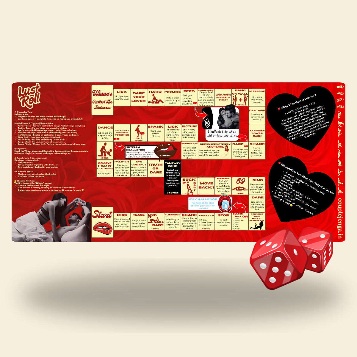 Board game box with red and white dice on a beige background
