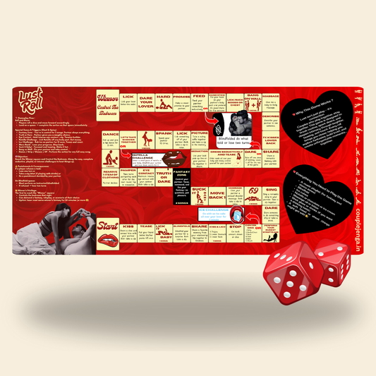 Board game box with red and white dice on a beige background